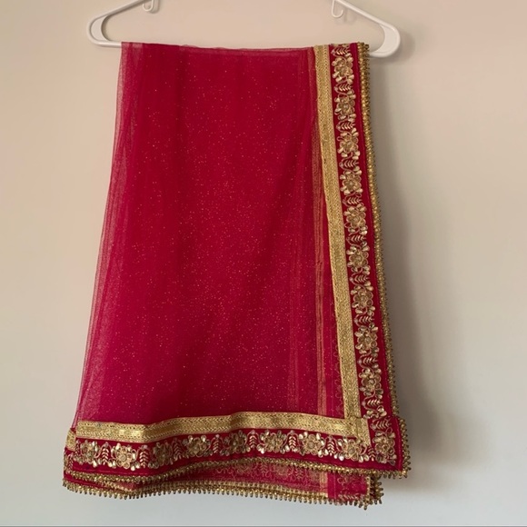 Hot pink fancy Pakistani Indian dupatta scarf - Picture 4 of 5